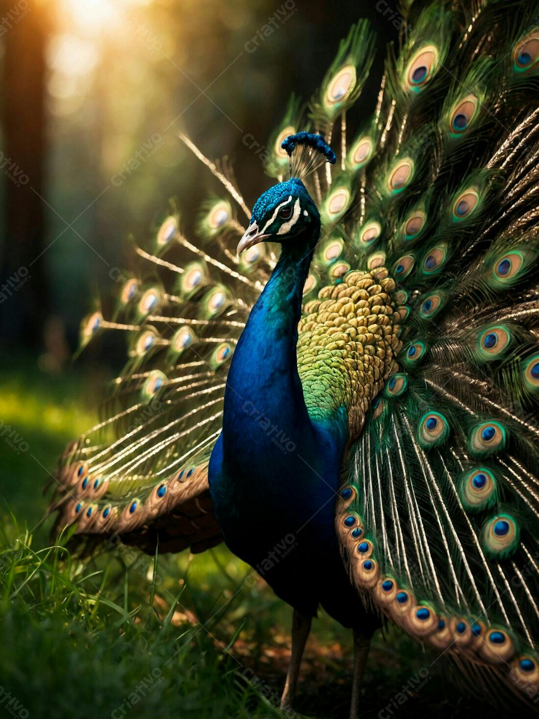 Pavão azul exibindo sua cauda em jardim