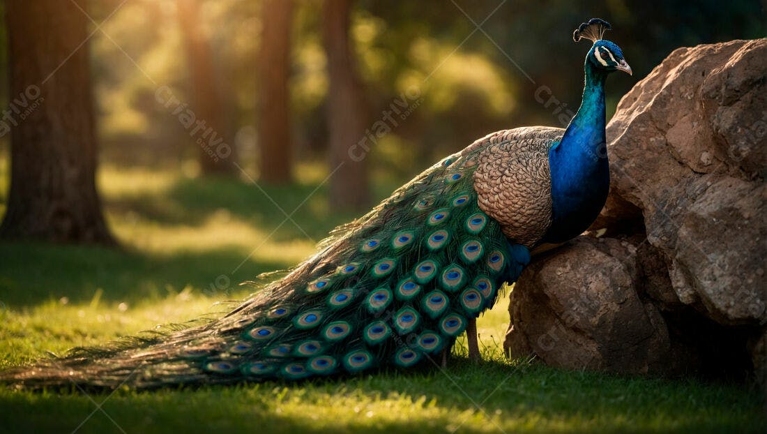 Pavão azul e verde em jardim ao entardecer