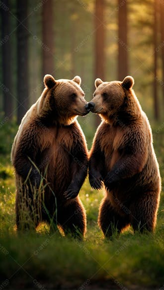 Dois ursos pardos na grama verde em uma floresta 2