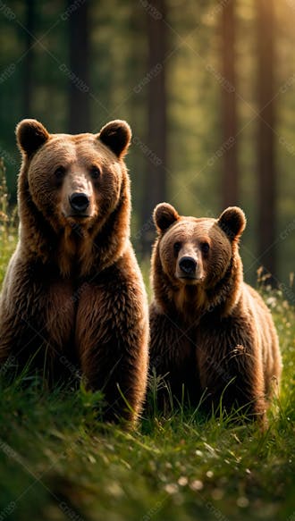 Dois ursos pardos na grama verde em uma floresta 1