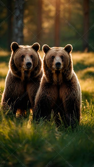 Dois ursos pardos na grama verde em uma floresta 4