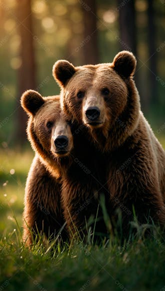 Dois ursos pardos na grama verde em uma floresta 5