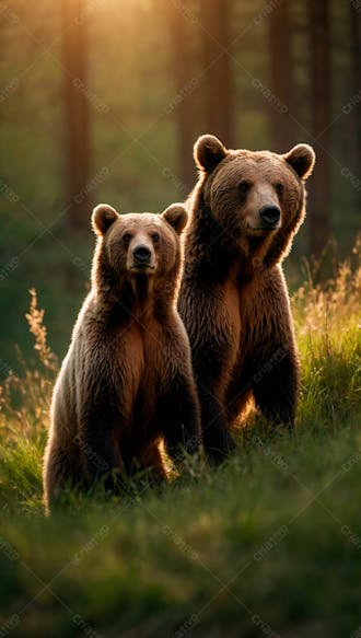 Dois ursos pardos na grama verde em uma floresta 8