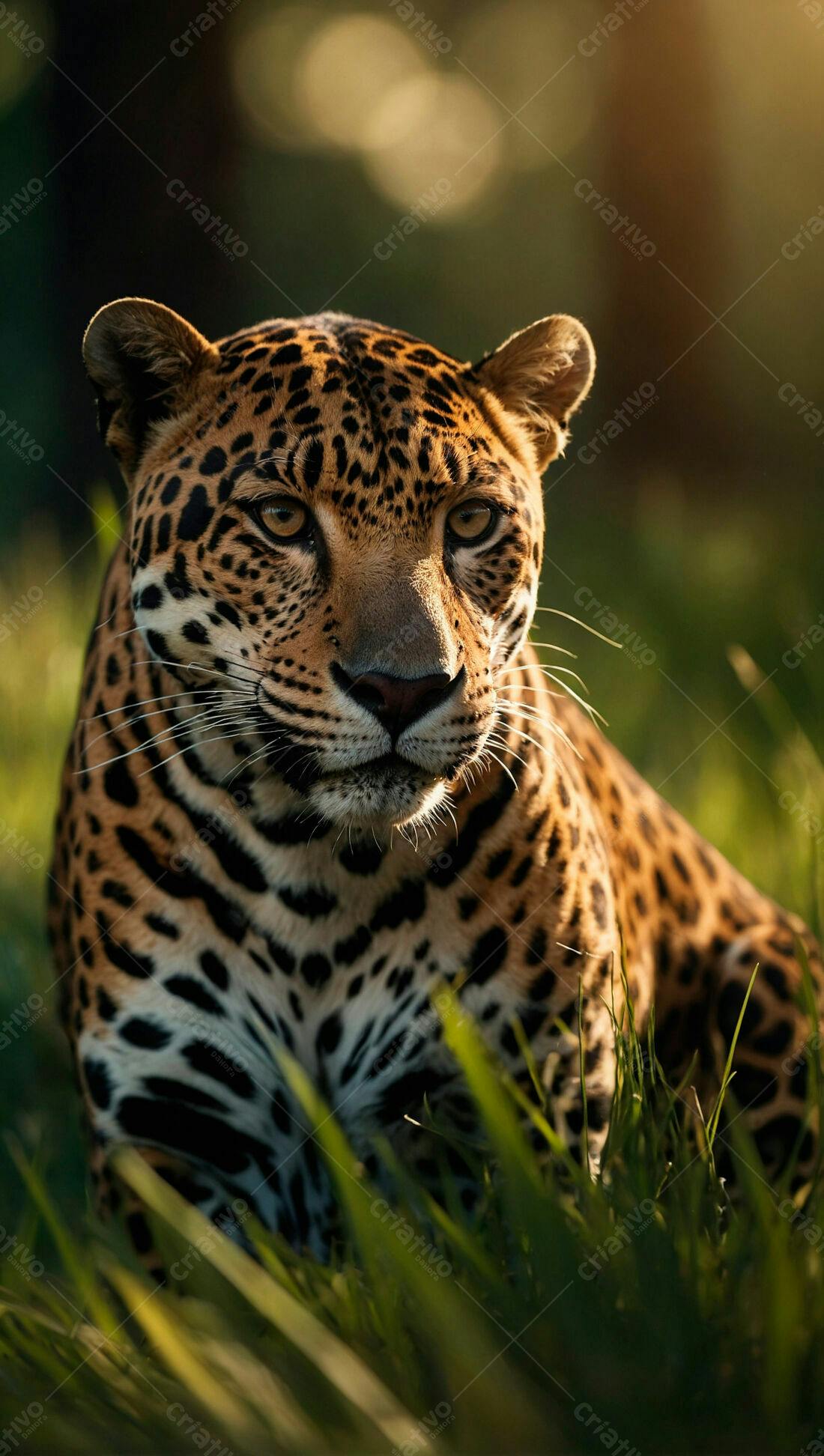 Jaguar na grama ao entardecer
