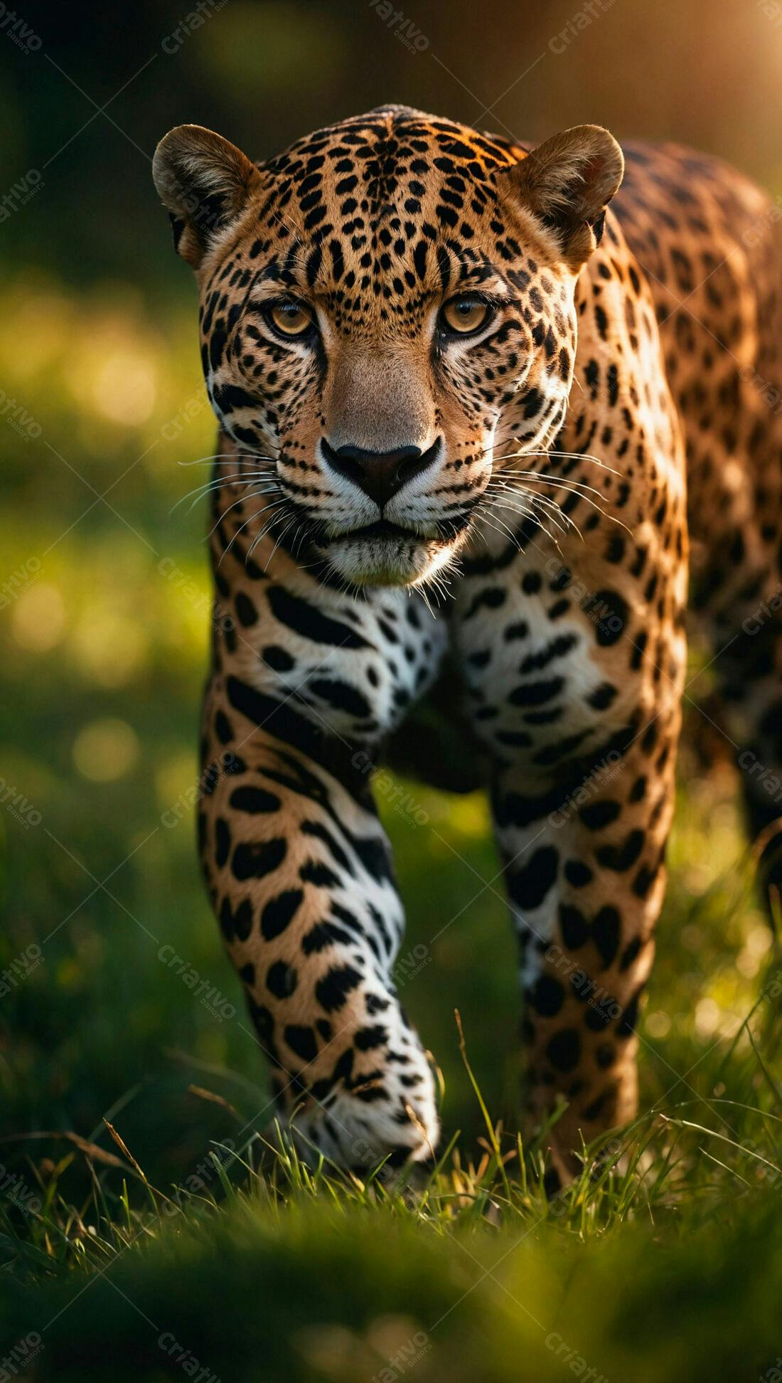 Jaguar caminhando em grama alta ao entardecer