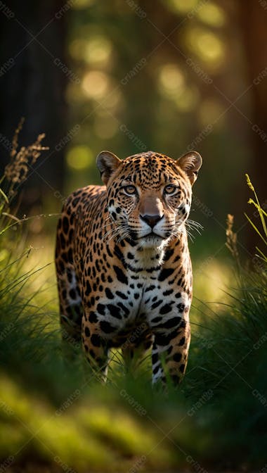 Imagem de uma onca pintada na grama verde em uma floresta 3