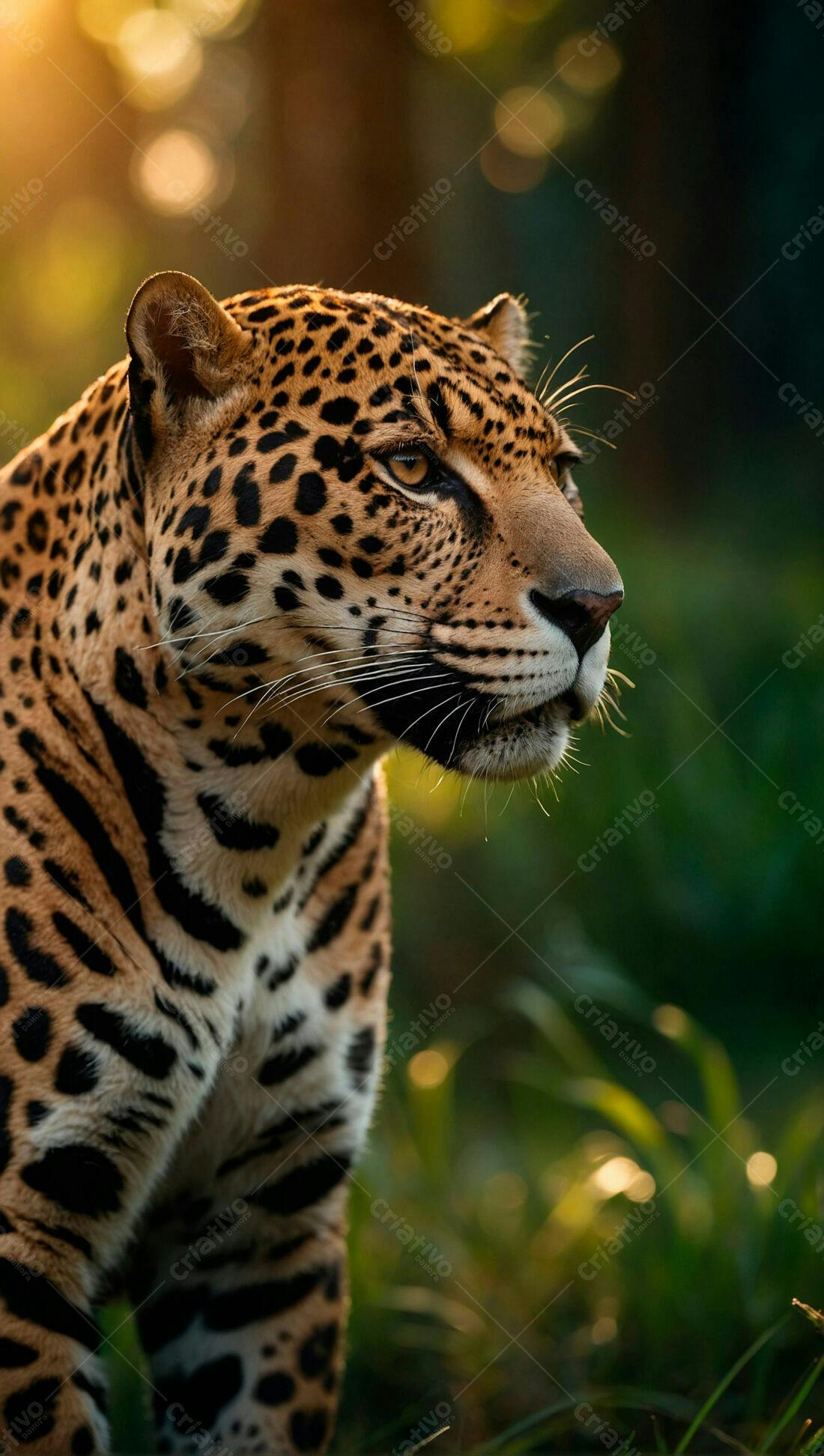 Jaguar em meio a vegetação ao entardecer