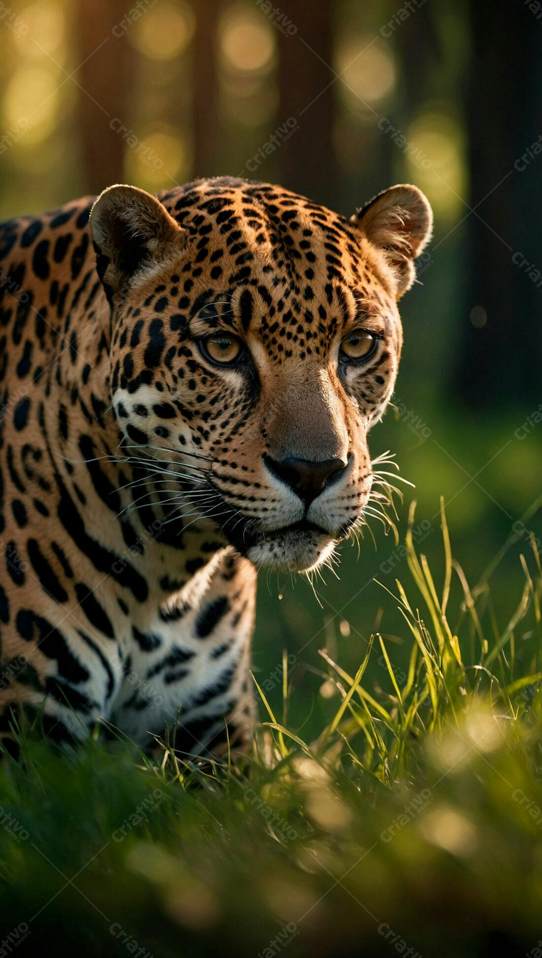 Jaguar na grama ao entardecer