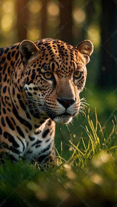 Imagem de uma onca pintada na grama verde em uma floresta 5