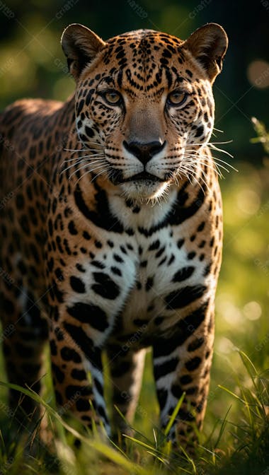 Imagem de uma onca pintada na grama verde em uma floresta 6