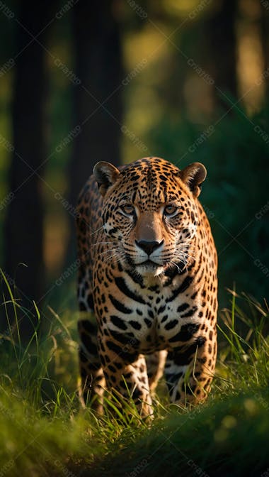 Imagem de uma onca pintada na grama verde em uma floresta 7