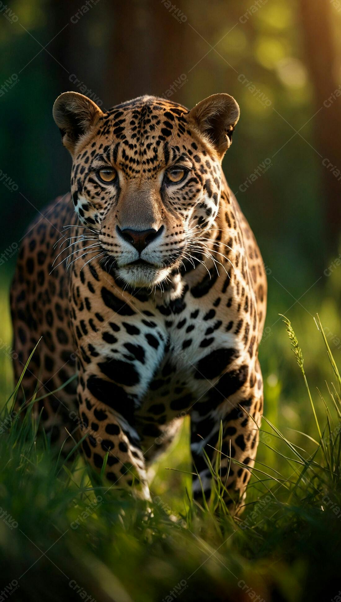 Jaguatirica na grama ao entardecer