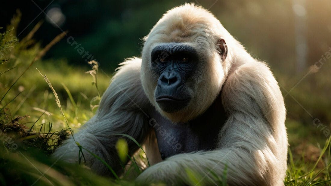 Gorila albino na grama ao entardecer