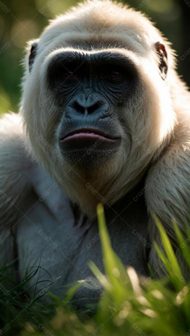 Imagem de um gorila branco na grama verde em uma floresta 1