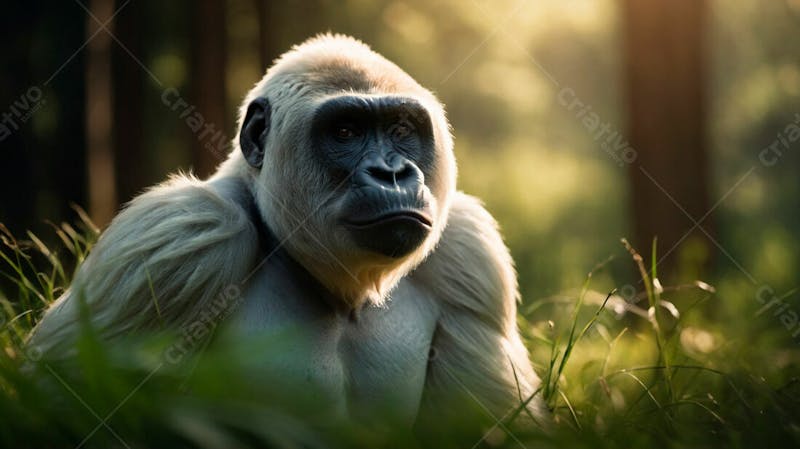 Imagem de um gorila branco na grama verde em uma floresta 3