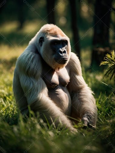 Imagem de um gorila branco na grama verde em uma floresta 4