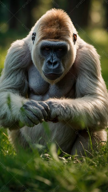 Imagem de um gorila branco na grama verde em uma floresta 5