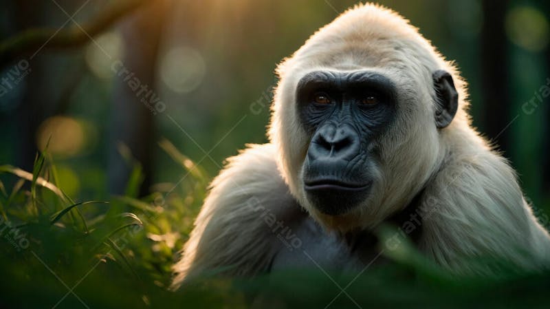 Imagem de um gorila branco na grama verde em uma floresta 6