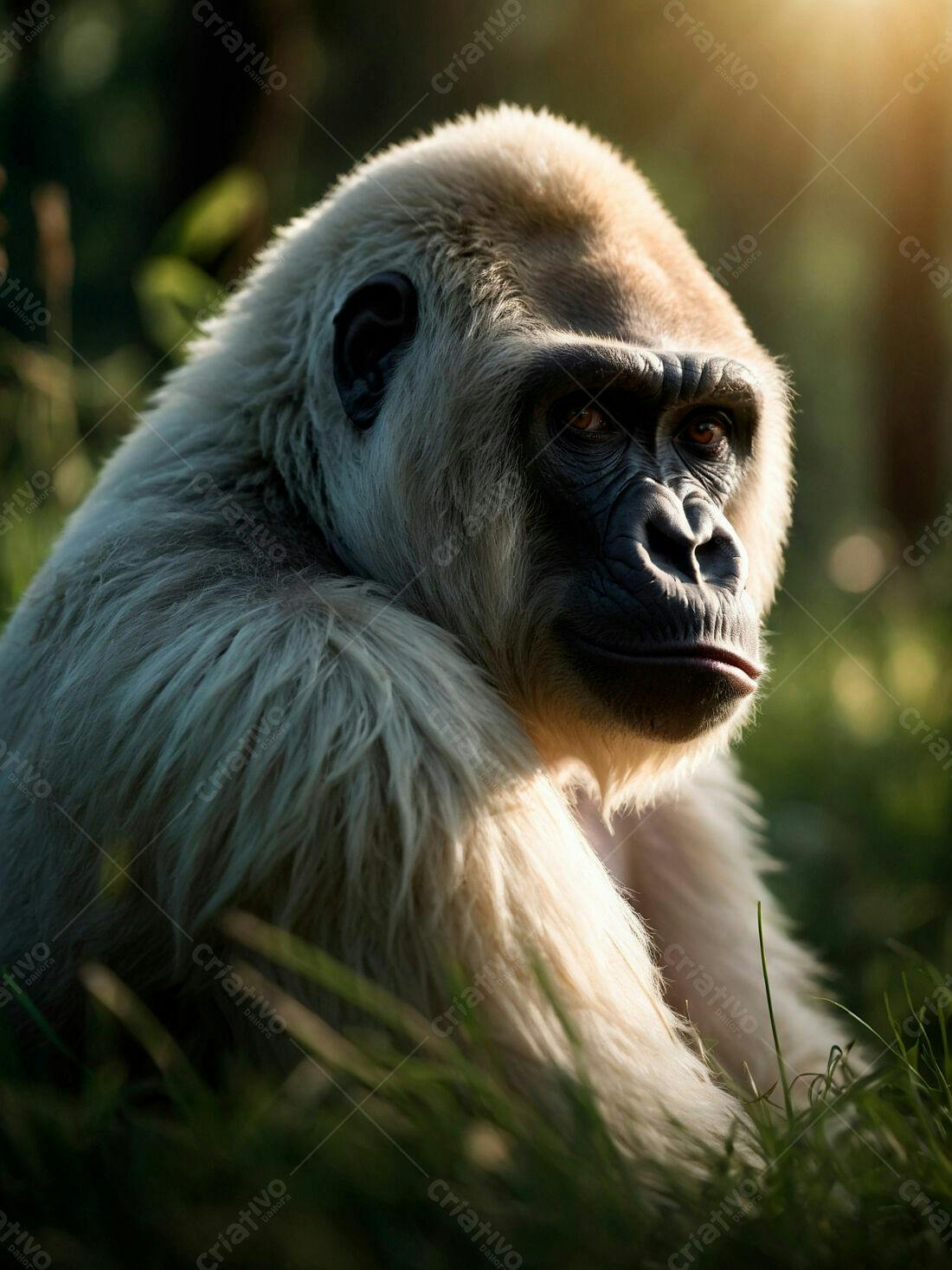 Gorila albino na grama ao entardecer