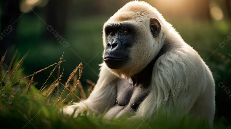 Imagem de um gorila branco na grama verde em uma floresta 8