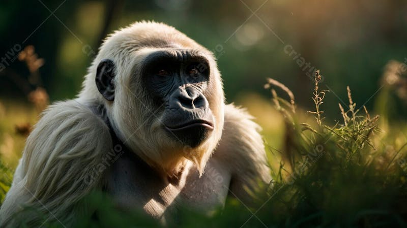 Imagem de um gorila branco na grama verde em uma floresta 9