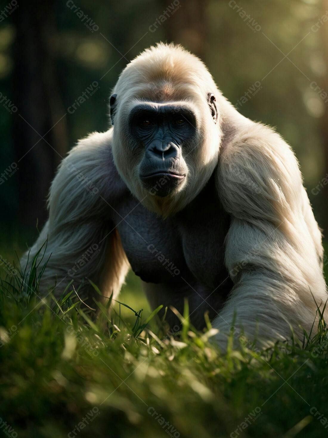 Gorila albino na grama alta ao entardecer