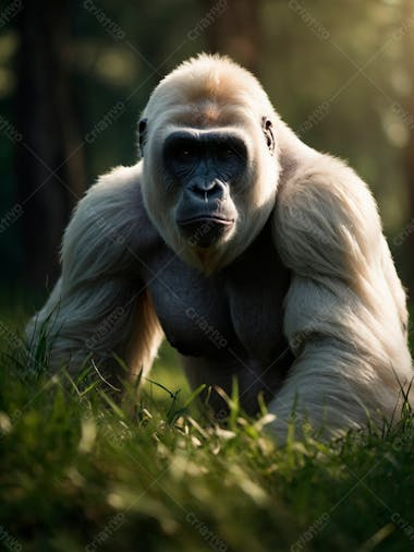 Imagem de um gorila branco na grama verde em uma floresta 10