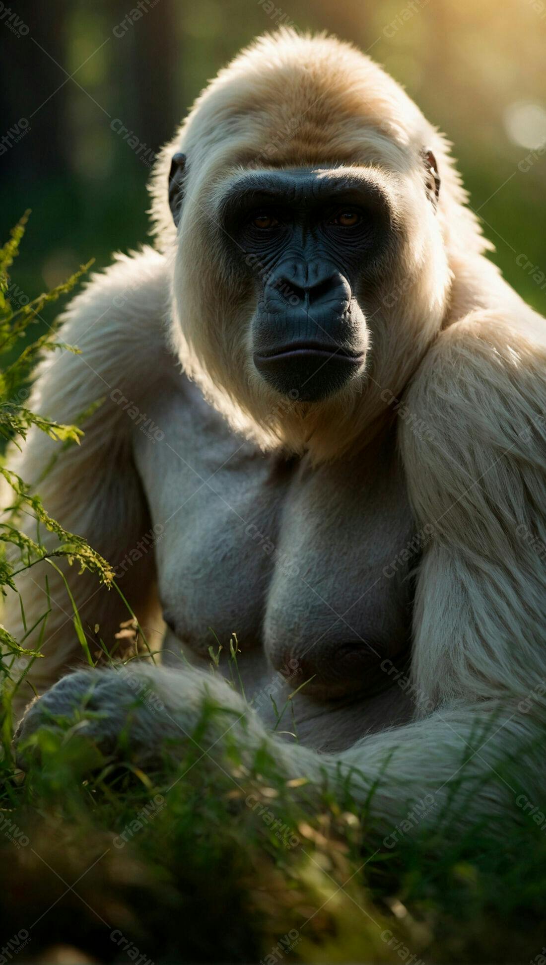 Gorila albino em gramado ao entardecer