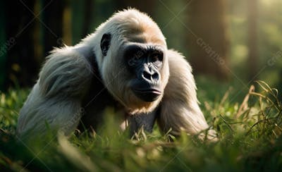 Imagem De Um Gorila Branco Na Grama Verde Em Uma Floresta 12