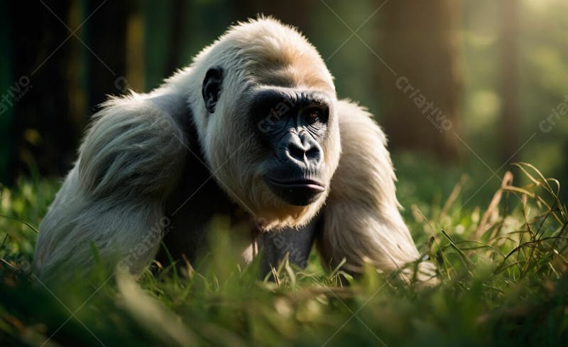Imagem de um gorila branco na grama verde em uma floresta 12