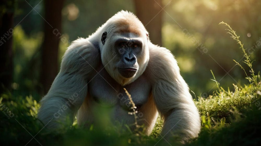 Imagem De Um Gorila Branco Na Grama Verde Em Uma Floresta 13