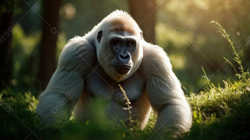 Imagem de um gorila branco na grama verde em uma floresta 13