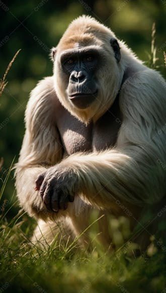 Imagem de um gorila branco na grama verde em uma floresta 14