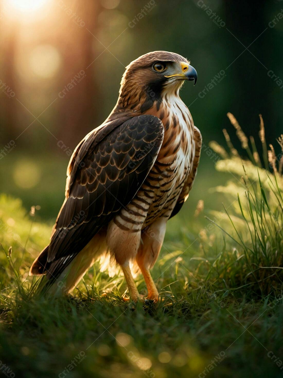 Gavião em campo dourado ao entardecer