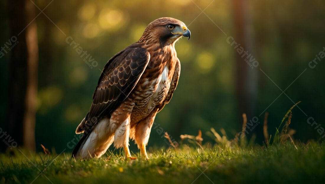 Gavião em campo gramado ao entardecer