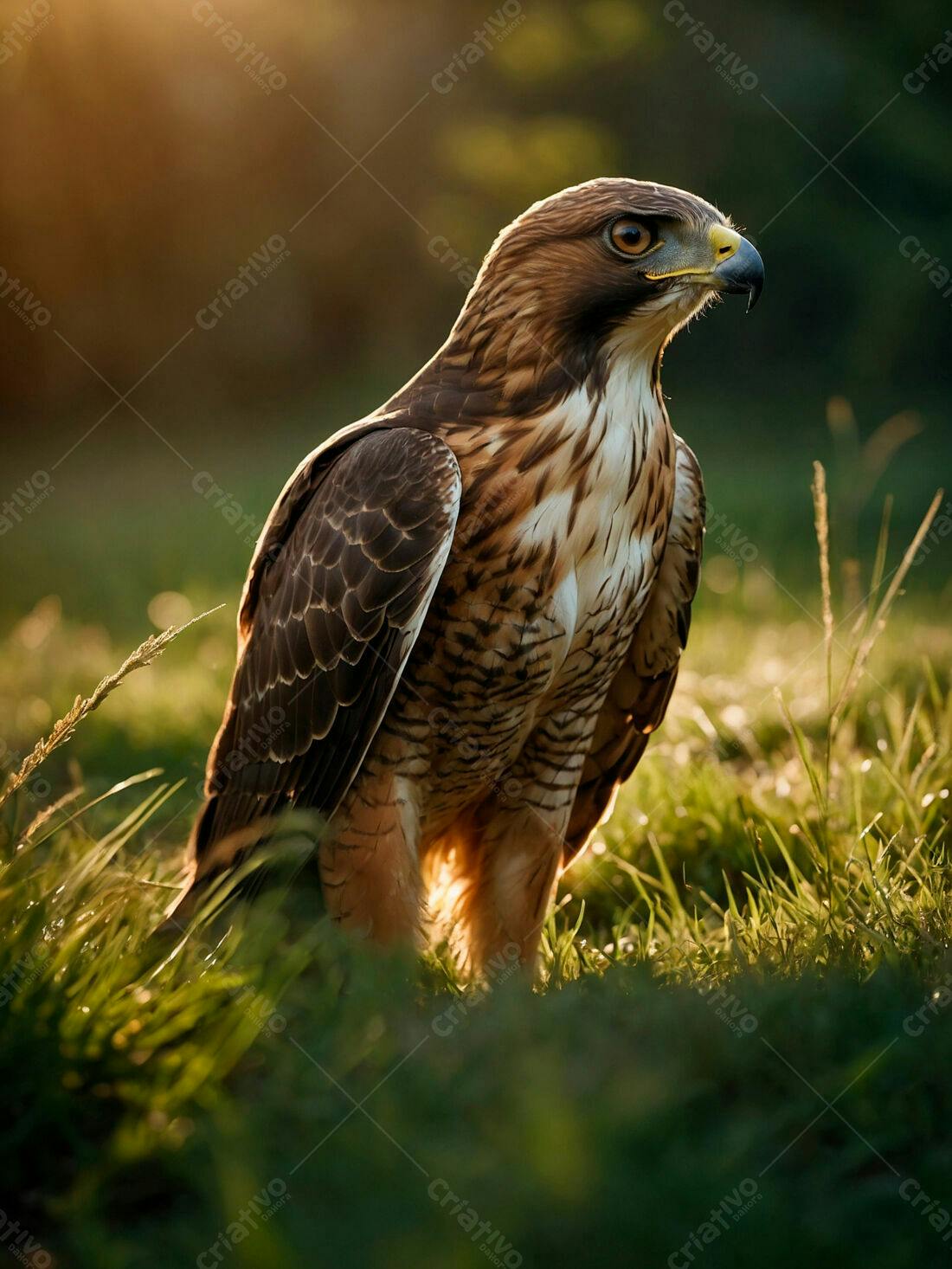 Gavião em campo gramado ao entardecer