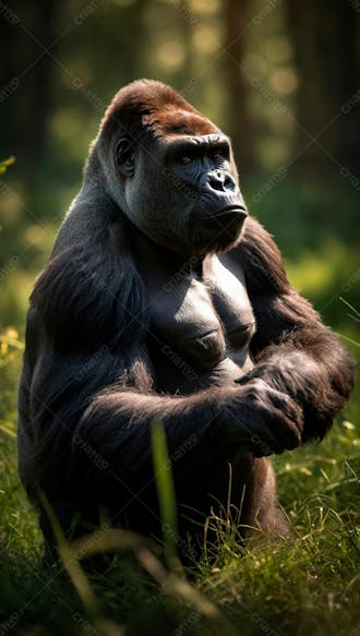 Imagem de um gorila na grama verde em uma floresta 2