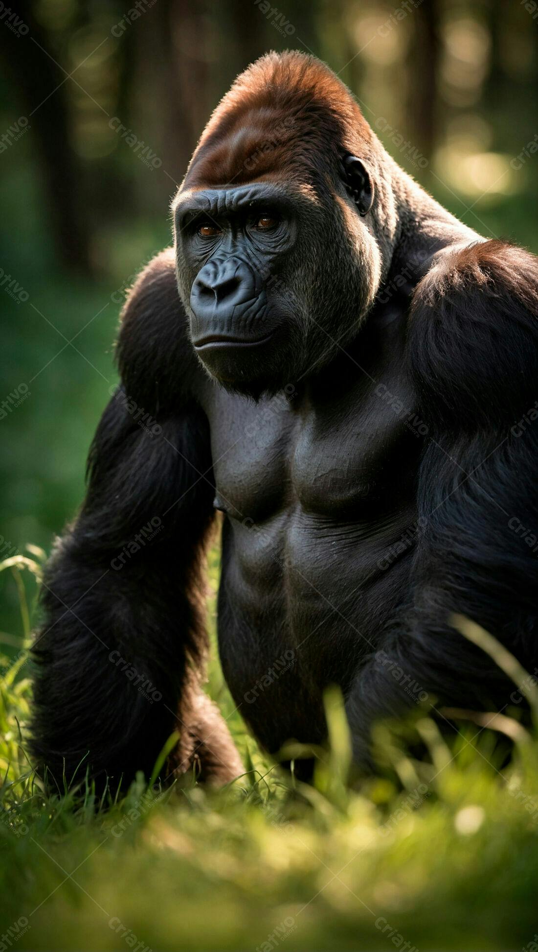 Gorila macho na grama verde ao entardecer