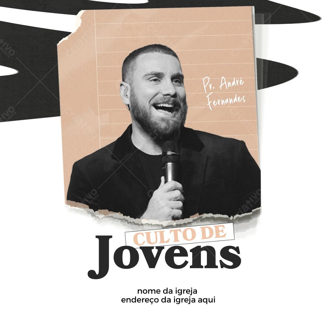 Post Instagram Culto de Jovens com foto de pastor Editável no Canva