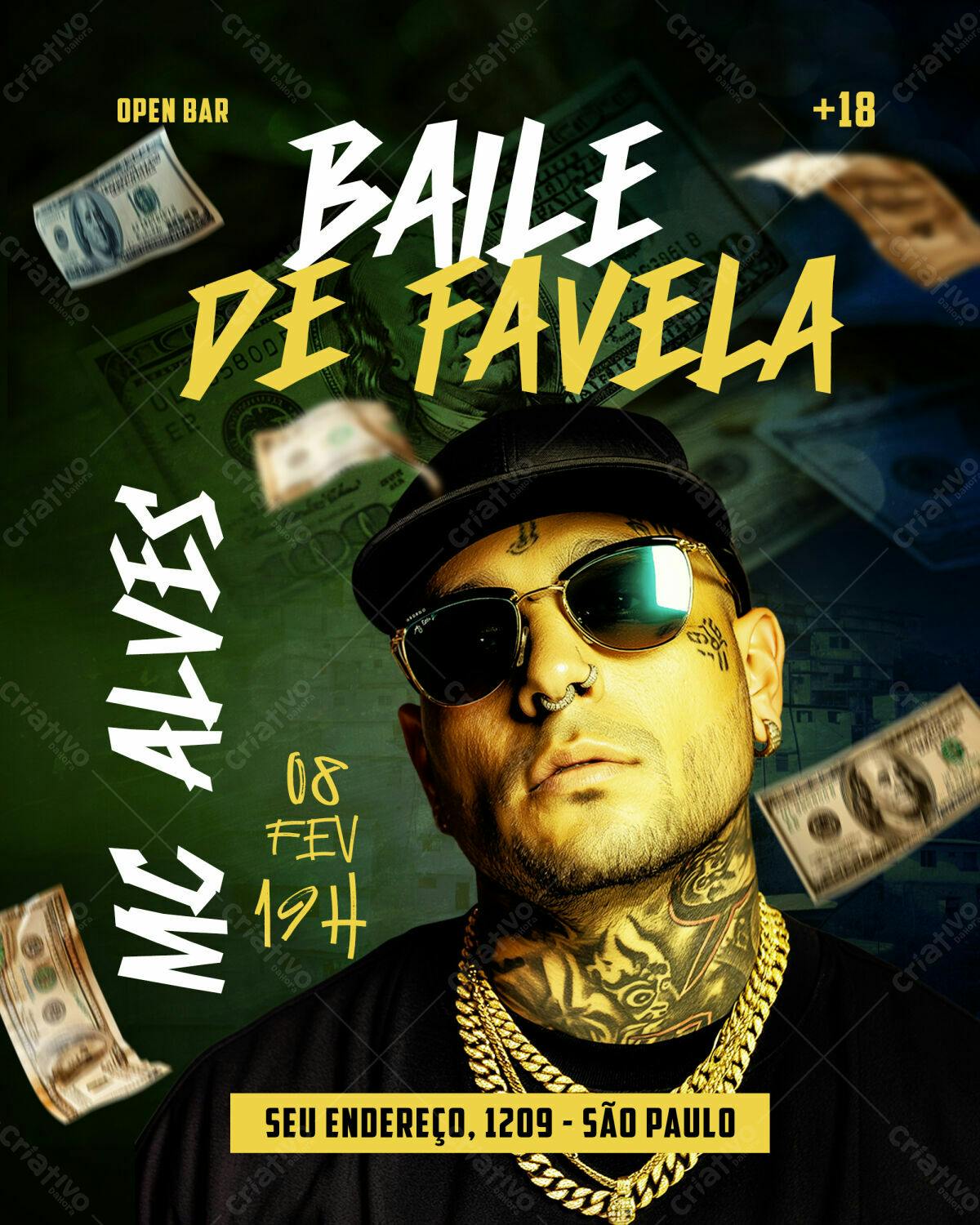Flyer Baile de Favela MC Alves PSD Editável