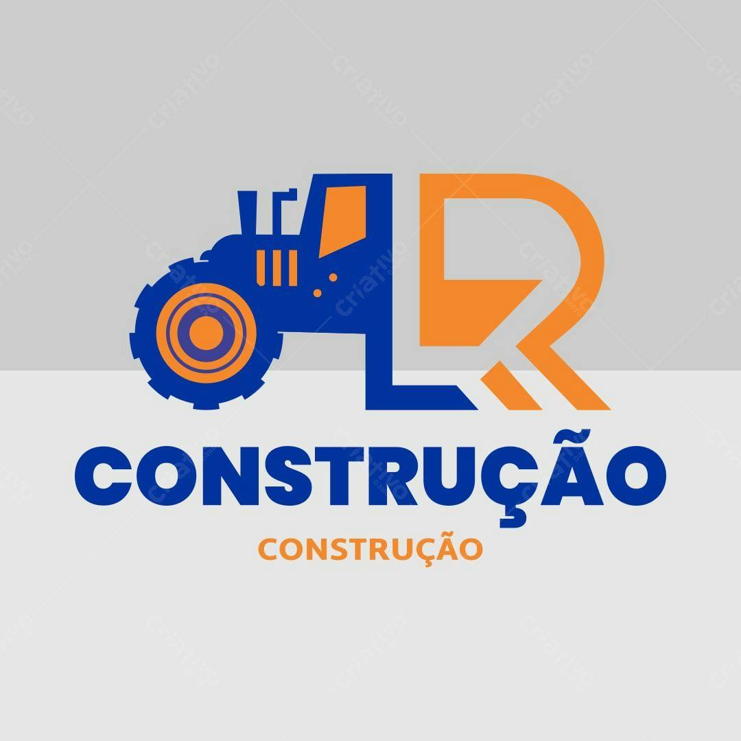 Logotipo vetorial de construção com trator azul e laranja