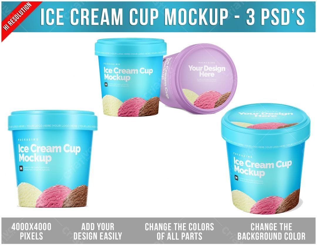 Mockup Realista de Pote de Sorvete: Azul, Rosa e Bege