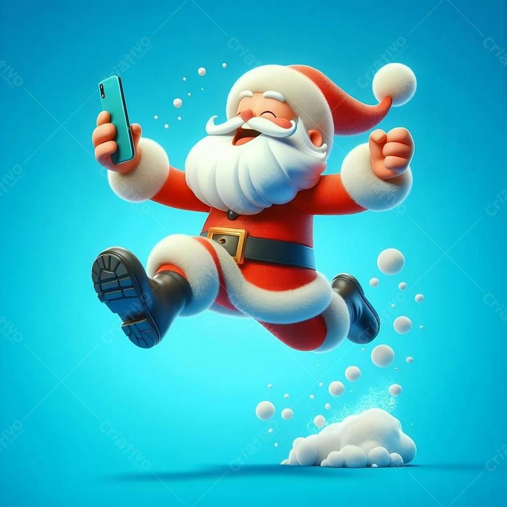 Composição Papai Noel Pulando Feliz Com Celular Na Mão, IA