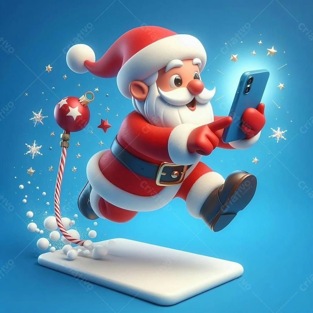 Composição Papai Noel Pulando Da Neve Com Celular Na Mão, IA