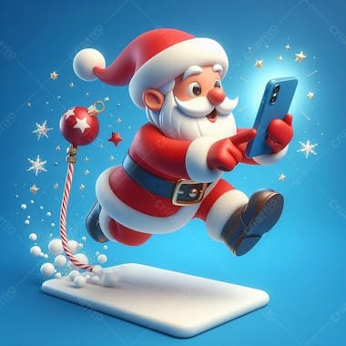 Composição papai noel pulando da neve com celular na mão, ia