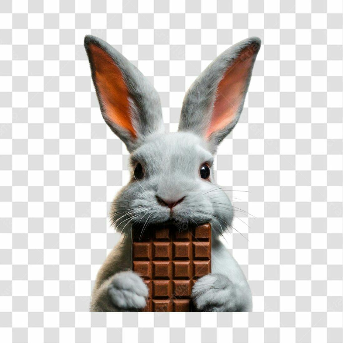 Imagem Páscoa Coelho comendo chocolate PNG com fundo transparente