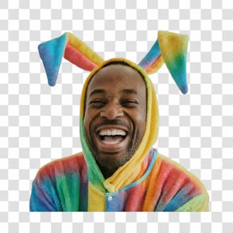 Homem feliz usando fantasia de coelho colorida png transparente