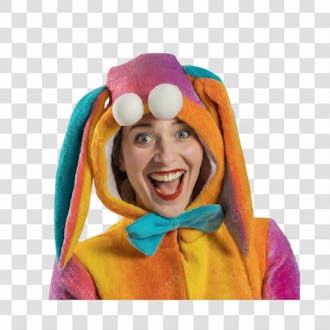 Uma mulher alegre com roupa de coelho colorida png transparente