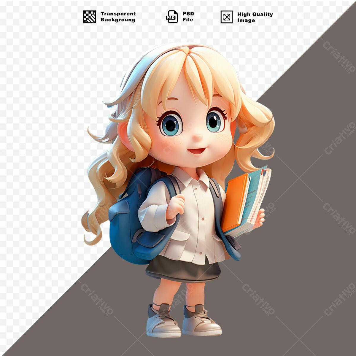 Personagem Cartoon Menina Escolar PSD Editável