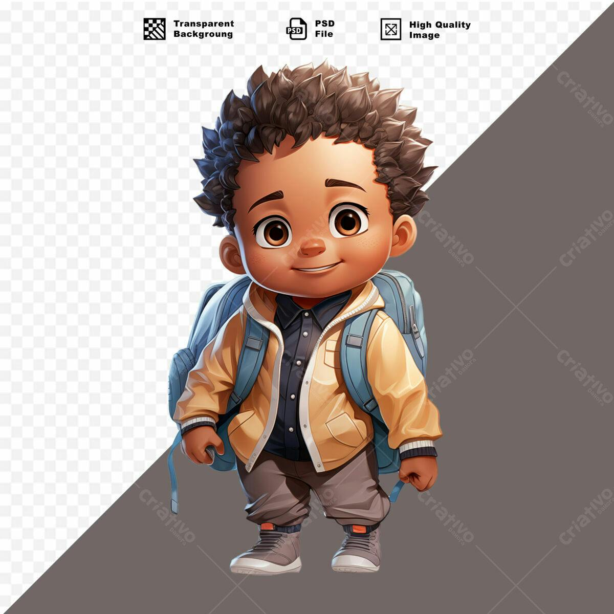 Ilustração Menino Criança com Mochila PSD Editável